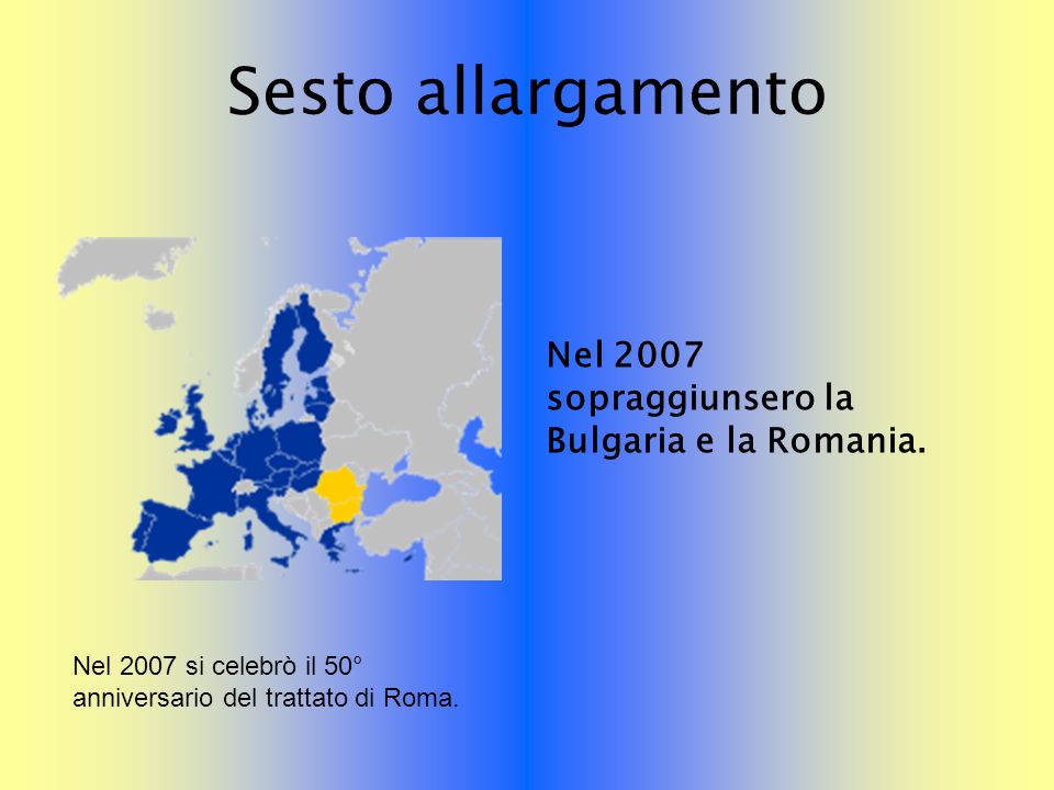 Sesto allargamento Nel 2007 sopraggiunsero la Bulgaria e la Romania.