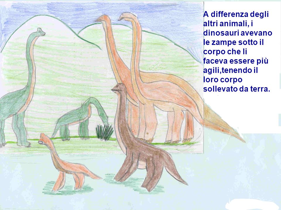 A differenza degli altri animali, i dinosauri avevano le zampe sotto il corpo che li faceva essere più agili,tenendo il loro corpo sollevato da terra.