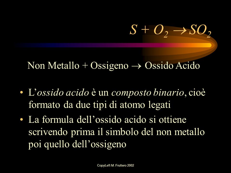 S + O2  SO2 Non Metallo + Ossigeno  Ossido Acido