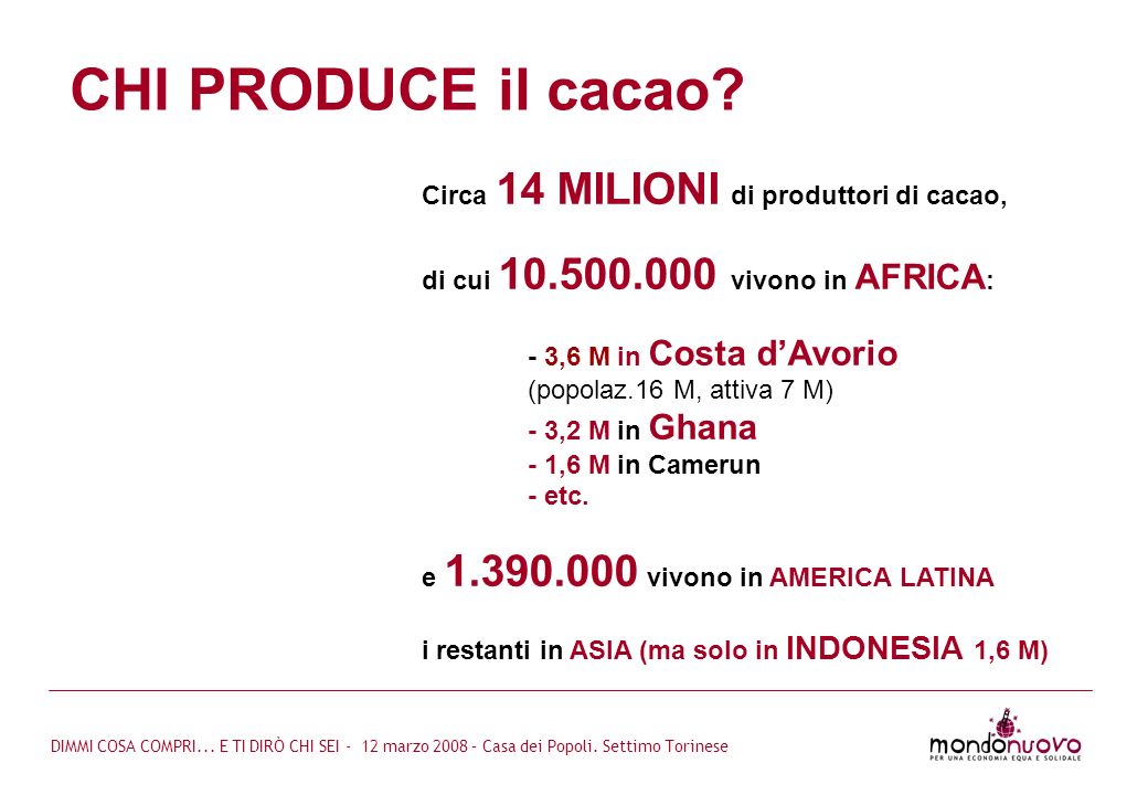 CHI PRODUCE il cacao Circa 14 MILIONI di produttori di cacao,