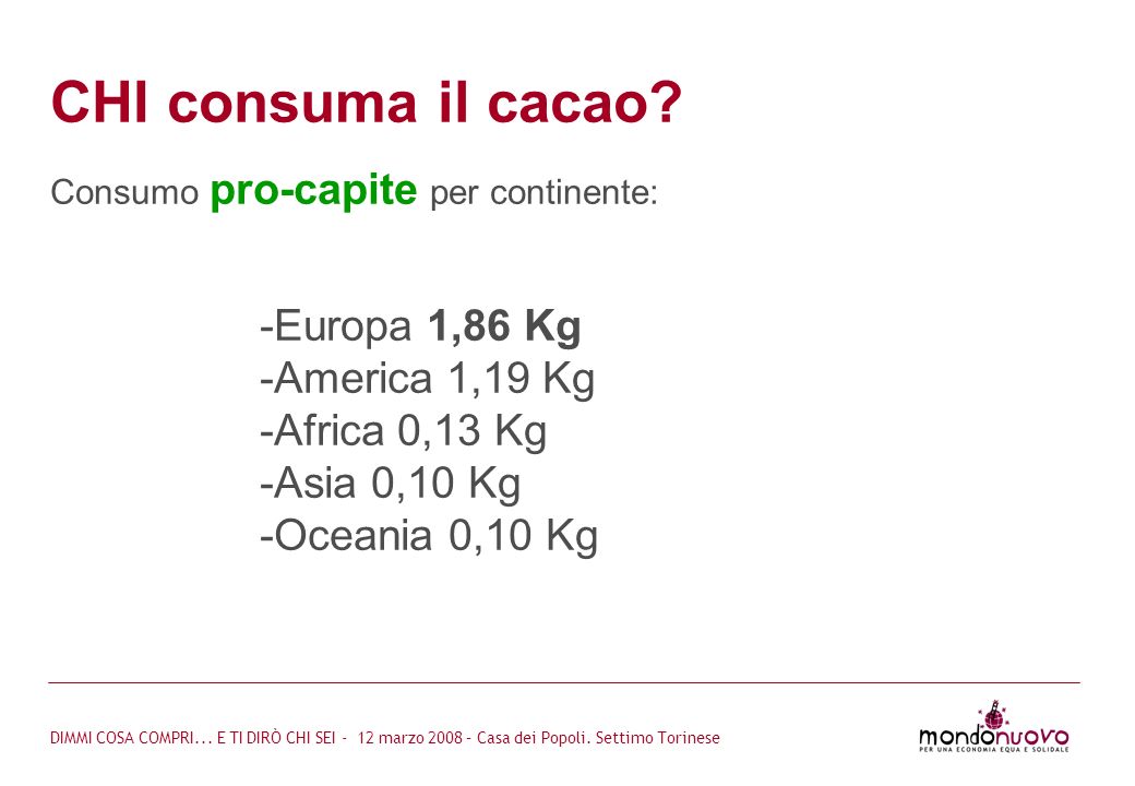 CHI consuma il cacao Europa 1,86 Kg America 1,19 Kg Africa 0,13 Kg