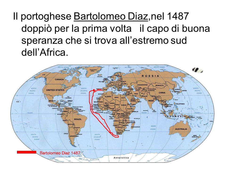 Il portoghese Bartolomeo Diaz,nel 1487 doppiò per la prima volta il capo di buona speranza che si trova all’estremo sud dell’Africa.