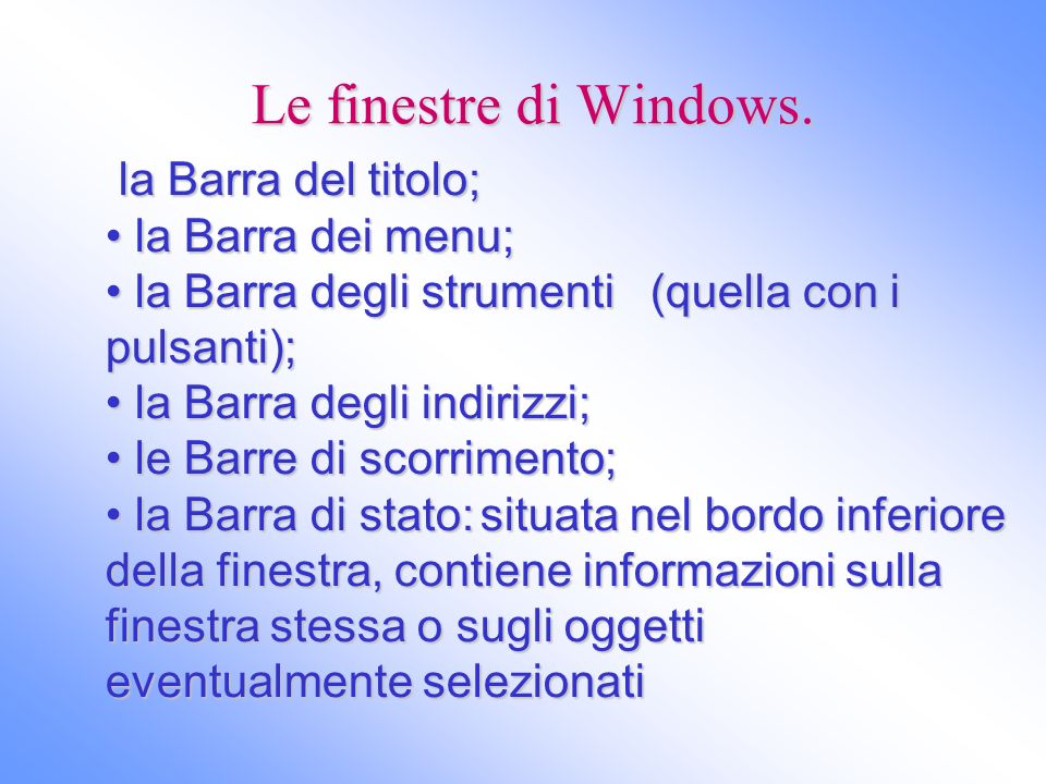 Le finestre di Windows. la Barra del titolo; la Barra dei menu;