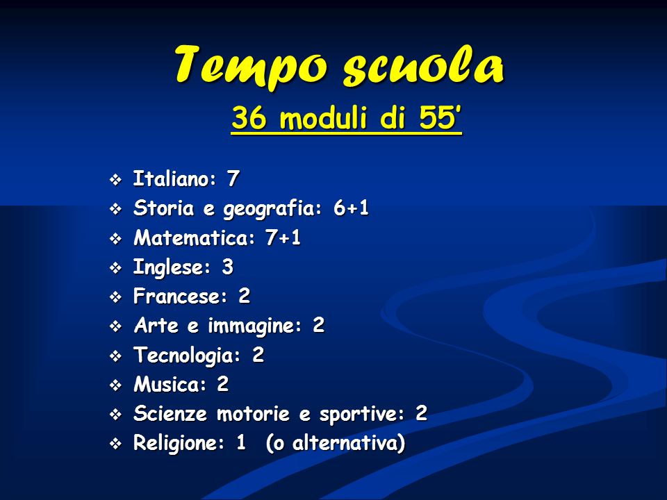 Tempo scuola 36 moduli di 55’ Italiano: 7 Storia e geografia: 6+1