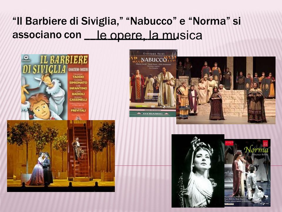 Il Barbiere di Siviglia, Nabucco e Norma si associano con ________________.