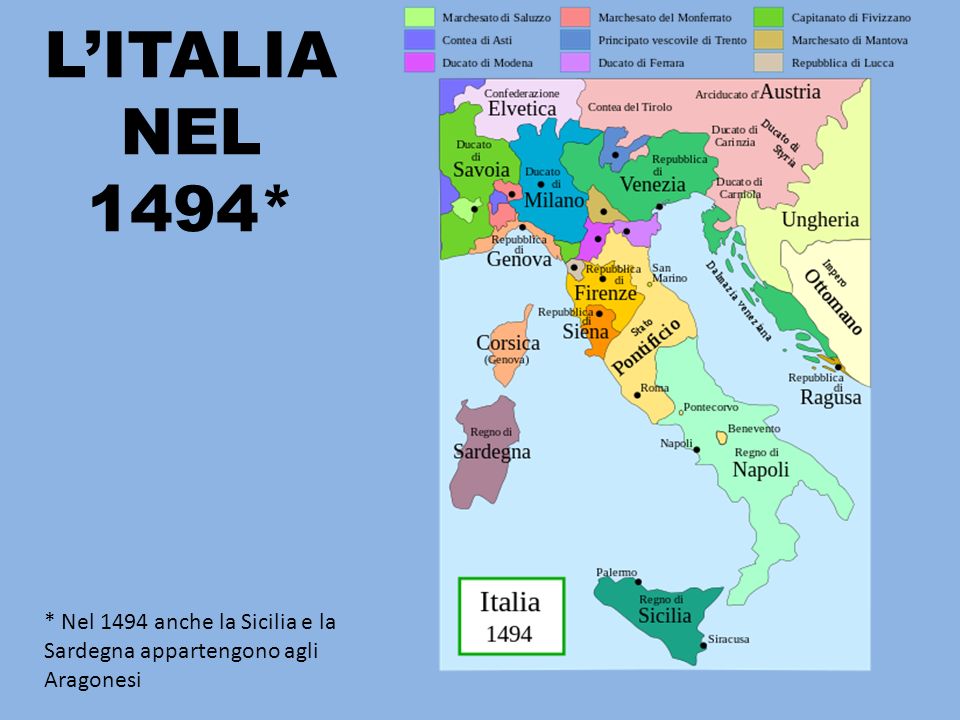 L’ITALIA NEL 1494* * Nel 1494 anche la Sicilia e la Sardegna appartengono agli Aragonesi