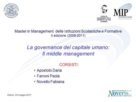 Master in Management delle Istituzioni Scolastiche e Formative II edizione (2009-2011) La governance del capitale umano: Il middle management CORSISTI: