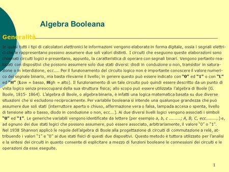 Algebra Booleana Generalità