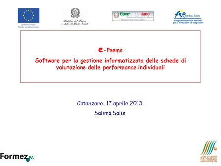 E-Peems Software per la gestione informatizzata delle schede di valutazione delle performance individuali Catanzaro, 17 aprile 2013 Salima Salis.