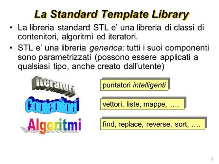 1 La Standard Template Library vettori, liste, mappe, …. find, replace, reverse, sort, …. puntatori intelligenti La libreria standard STL e una libreria.