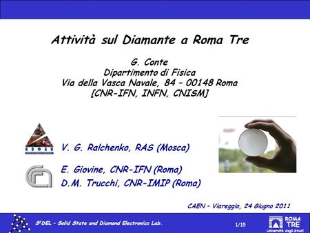 S 2 DEL – Solid State and Diamond Electronics Lab. ROMA TRE Università degli Studi Attività sul Diamante a Roma Tre CAEN – Viareggio, 24 Giugno 2011 G.