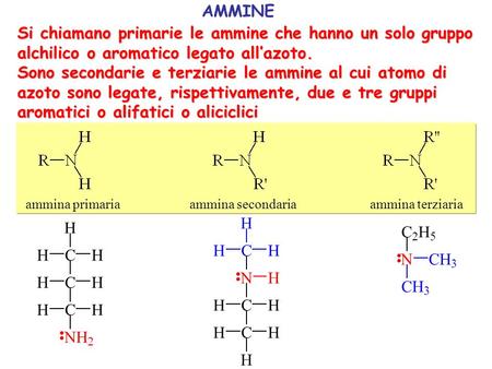 AMMINE Si chiamano primarie le ammine che hanno un solo gruppo alchilico o aromatico legato all’azoto. Sono secondarie e terziarie le ammine al cui atomo.