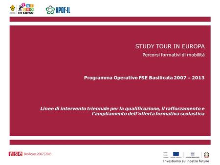 STUDY TOUR IN EUROPA Percorsi formativi di mobilità Programma Operativo FSE Basilicata 2007 – 2013 Linee di intervento triennale per la qualificazione,