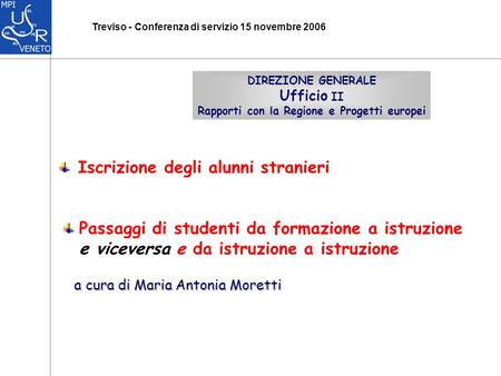 Treviso - Conferenza di servizio 15 novembre 2006 Iscrizione degli alunni stranieri a cura di Maria Antonia Moretti a cura di Maria Antonia Moretti Passaggi.
