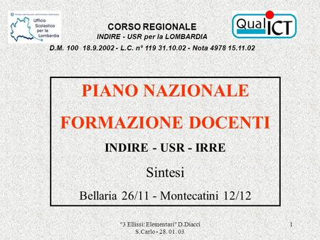 3 Ellissi: Elementari D.Diacci S.Carlo - 28. 01. 03 1 PIANO NAZIONALE FORMAZIONE DOCENTI INDIRE - USR - IRRE Sintesi Bellaria 26/11 - Montecatini 12/12.