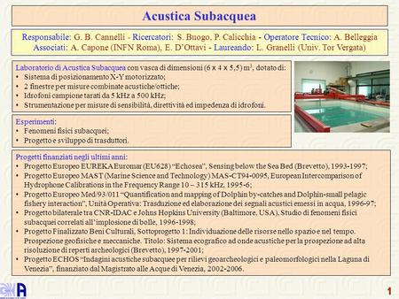 Acustica Subacquea Responsabile: G. B. Cannelli - Ricercatori: S. Buogo, P. Calicchia - Operatore Tecnico: A. Belleggia Associati: A. Capone (INFN Roma),