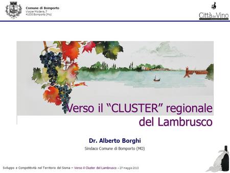 Verso il Cluster del Lambrusco Sviluppo e Competitività nel Territorio del Sisma – Verso il Cluster del Lambrusco – 27 maggio 2013 Comune di Bomporto Via.
