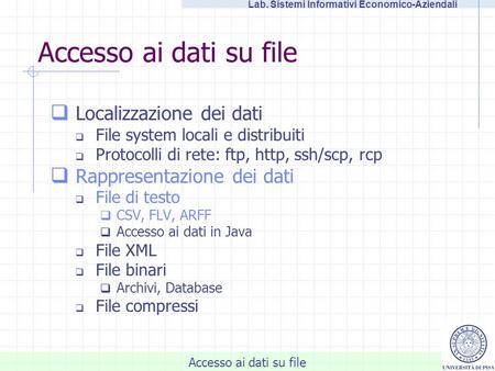 Accesso ai dati su file Lab. Sistemi Informativi Economico-Aziendali Accesso ai dati su file Localizzazione dei dati File system locali e distribuiti Protocolli.