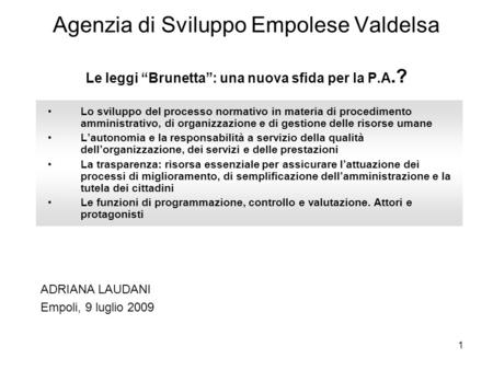 1 Agenzia di Sviluppo Empolese Valdelsa Le leggi Brunetta: una nuova sfida per la P.A.? Lo sviluppo del processo normativo in materia di procedimento amministrativo,
