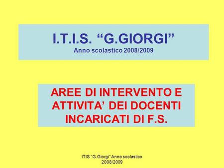 I.T.I.S. G.GIORGI Anno scolastico 2008/2009 AREE DI INTERVENTO E ATTIVITA DEI DOCENTI INCARICATI DI F.S. ITIS G.Giorgi Anno scolastico 2008/2009.