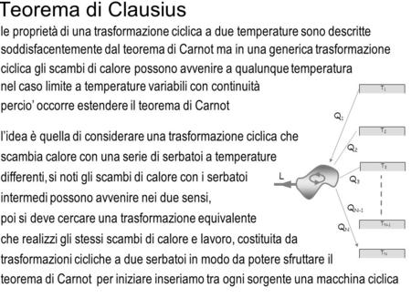 Teorema di Clausius le proprietà di una trasformazione ciclica a due temperature sono descritte soddisfacentemente dal teorema di Carnot ma in una generica.