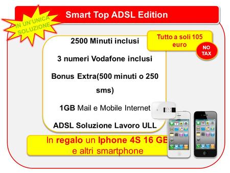 Smart Top ADSL Edition IN UNUNICA SOLUZIONE 2500 Minuti inclusi 3 numeri Vodafone inclusi Bonus Extra(500 minuti o 250 sms) 1GB Mail e Mobile Internet.