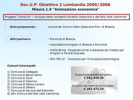 Doc.U.P. Obiettivo 2 Lombardia 2000/2006 Misura 1.9 Animazione economica Progetto Come On! – Sviluppo della competitività della Valsaviore e dellalta.