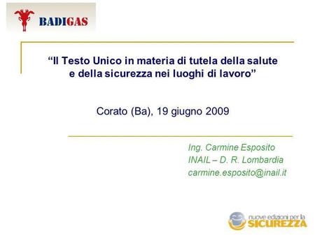 “Il Testo Unico in materia di tutela della salute e della sicurezza nei luoghi di lavoro” Corato (Ba), 19 giugno 2009 Ing. Carmine Esposito INAIL – D.