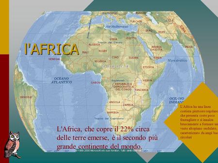 L'AFRICA L'Africa ha una linea costiera piuttosto regolare, che presenta coste poco frastagliate e si innalza bruscamente a formare un vasto altopiano.