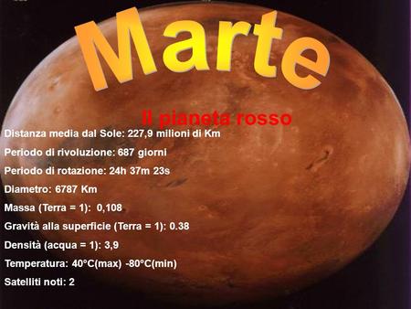 Marte Il pianeta rosso Distanza media dal Sole: 227,9 milioni di Km