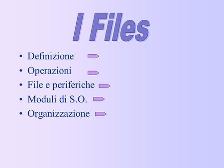 I Files Definizione Operazioni File e periferiche Moduli di S.O.