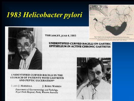 1983 Helicobacter pylori Un esempio eclatante è ciò che è seguito alla scoperta nel 1983 di Hp Due Colleghi australiani dimenticarono durante le vacanze.