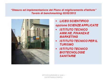 Stesura ed implementazione del Piano di miglioramento d'istituto Tavolo di benchmarking 02/02/2012 LICEO SCIENTIFICO opzione SCIENZE APPLICATE ISTITUTO.