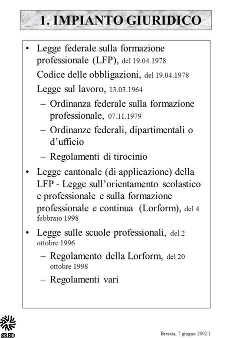 1. IMPIANTO GIURIDICO Legge federale sulla formazione professionale (LFP), del 19.04.1978 Codice delle obbligazioni, del 19.04.1978 Legge sul lavoro, 13.03.1964.