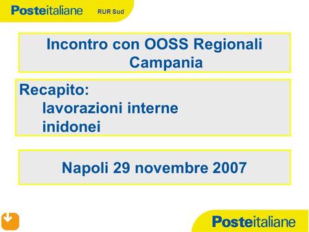 RUR Sud Incontro con OOSS Regionali Campania Napoli 29 novembre 2007 Recapito: lavorazioni interne inidonei.