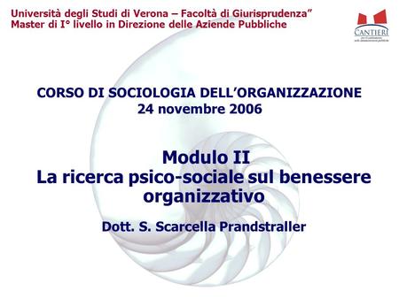 Modulo II La ricerca psico-sociale sul benessere organizzativo