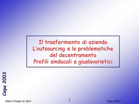 Albini-Crespi-Di SeriCepa 2003 1 Il trasferimento di azienda Loutsourcing e le problematiche del decentramento Profili sindacali e giuslavoristici.
