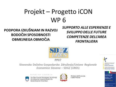 Projekt – Progetto iCON WP 6 PP07 Slovensko Deželno Gospodarsko Združenje/Unione Regionale Economica Slovena – SDGZ (URES) SUPPORTO ALLE ESPERIENZE E SVILUPPO.