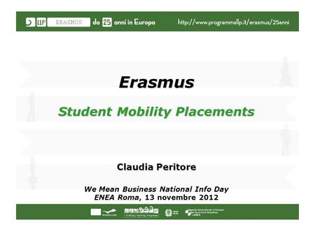 Erasmus Student Mobility Placements Claudia Peritore We Mean Business National Info Day ENEA Roma, 13 novembre 2012.