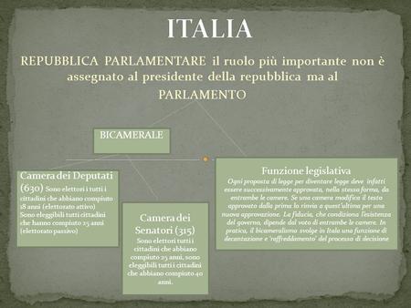 ITALIA REPUBBLICA PARLAMENTARE il ruolo più importante non è assegnato al presidente della repubblica ma al PARLAMENTO BICAMERALE Funzione legislativa.