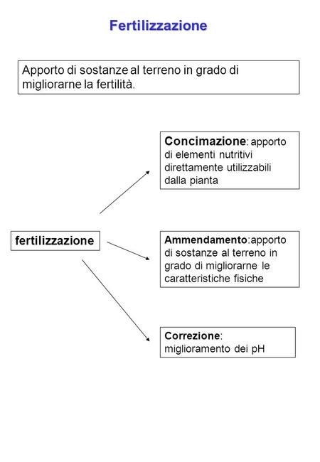 Fertilizzazione Apporto di sostanze al terreno in grado di migliorarne la fertilità. Concimazione: apporto di elementi nutritivi direttamente utilizzabili.
