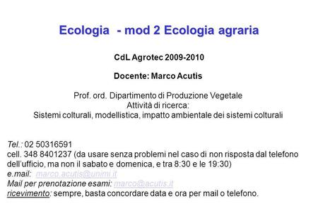 Ecologia - mod 2 Ecologia agraria