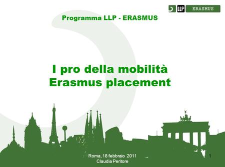 Roma, 18 febbraio 2011 Claudia Peritore 1 Programma LLP - ERASMUS I pro della mobilità Erasmus placement.
