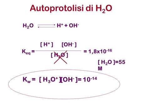 Autoprotolisi di H2O Kw = [ H3O+ ] [OH- ]= H2O H+ + OH- [ H+ ]
