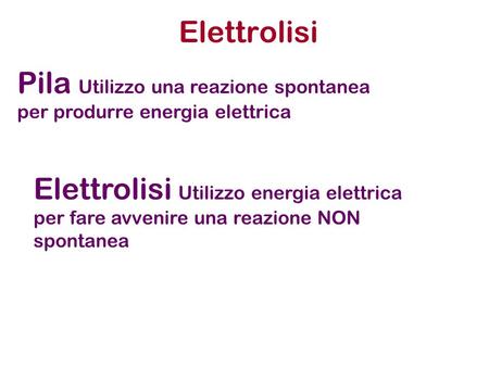 Elettrolisi Pila Utilizzo una reazione spontanea per produrre energia elettrica Elettrolisi Utilizzo energia elettrica per fare avvenire una reazione NON.