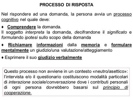 PROCESSO DI RISPOSTA Nel rispondere ad una domanda, la persona avvia un processo cognitivo nel quale deve: ♦ Comprendere la domanda. Il soggetto interpreta.