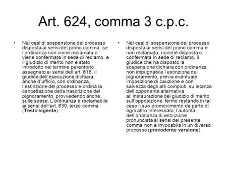 Art. 624, comma 3 c.p.c. Nei casi di sospensione del processo disposta ai sensi del primo comma, se l’ordinanza non viene reclamata o viene confermata.