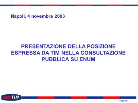 Pagina 1 PRESENTAZIONE DELLA POSIZIONE ESPRESSA DA TIM NELLA CONSULTAZIONE PUBBLICA SU ENUM Napoli, 4 novembre 2003.