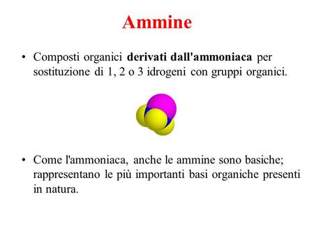 Ammine Composti organici derivati dall'ammoniaca per sostituzione di 1, 2 o 3 idrogeni con gruppi organici. Come l'ammoniaca, anche le ammine sono basiche;