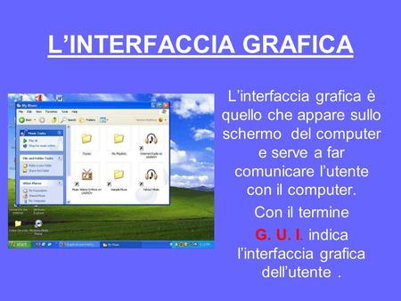 LINTERFACCIA GRAFICA Linterfaccia grafica è quello che appare sullo schermo del computer e serve a far comunicare lutente con il computer. Con il termine.